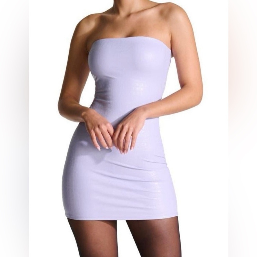 NEW Naked Wardrobe Croc Embossed Strapless Faux Leather Minidress in Lilac, 1X
